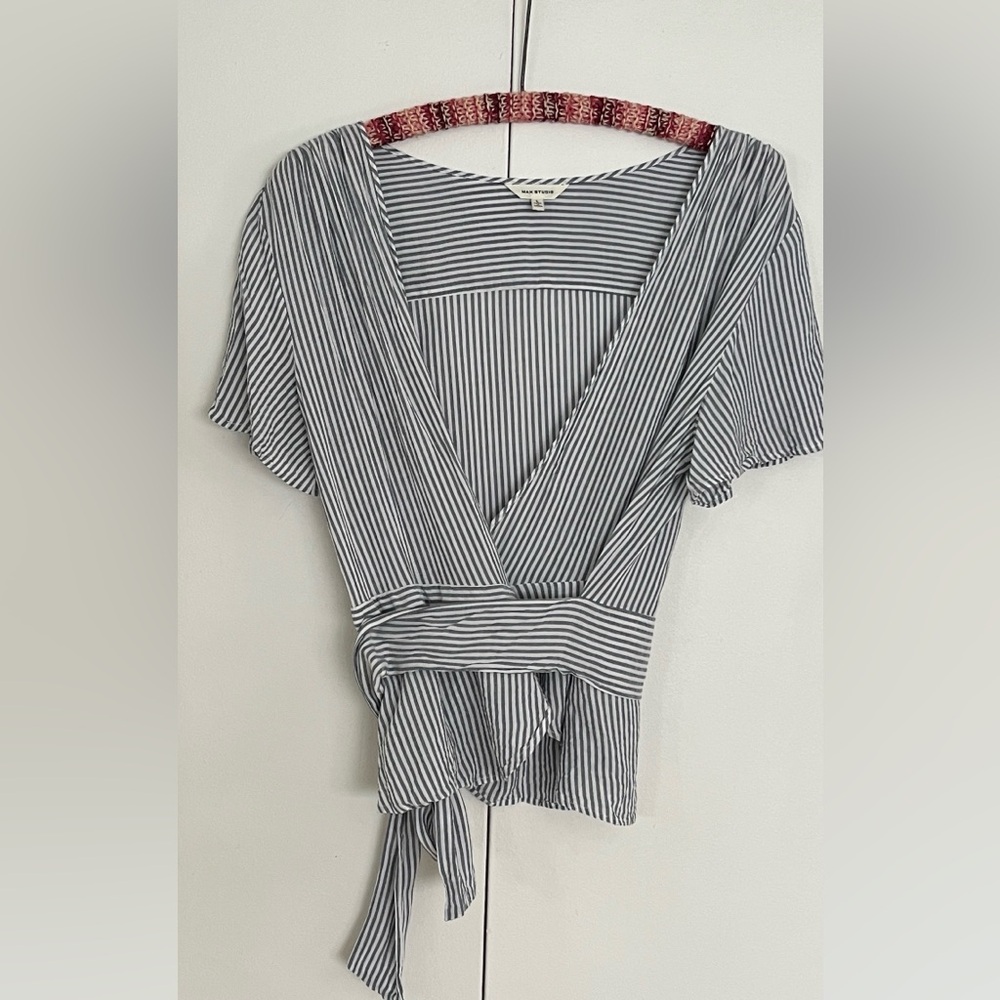 Max Studio Blue and White Striped Wrap Blouse